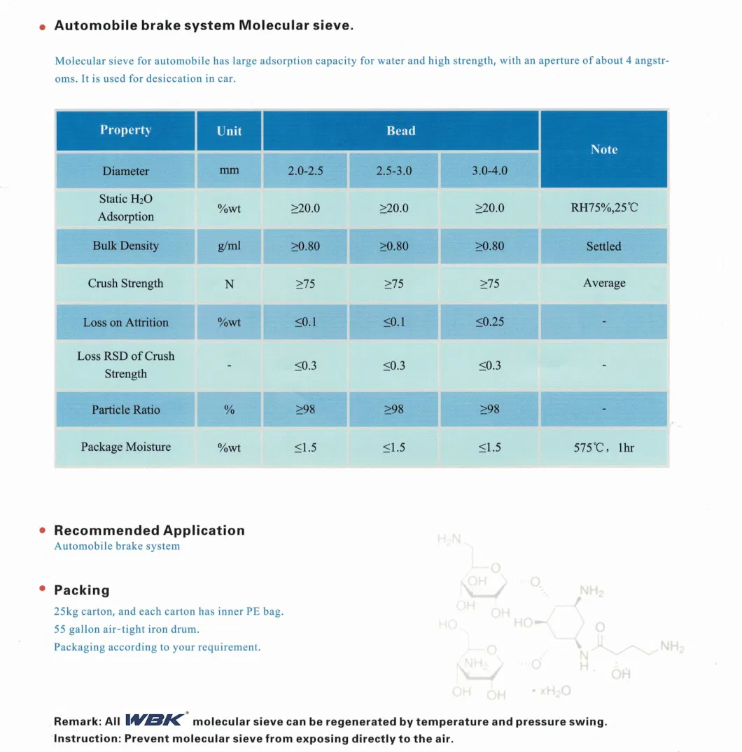 Wbk 10years Manufacturer High Quality Absorbent Carbon Zeolite 3A 4A 5A 13X Molecular Sieve for Automobile Brake System/Moisture Removal